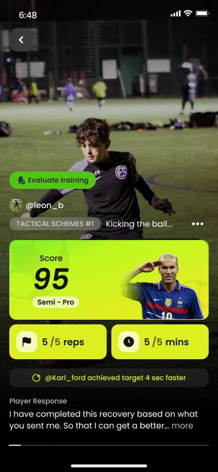 Tekkers app: AI score for a training drill, with Zidane on the score card
