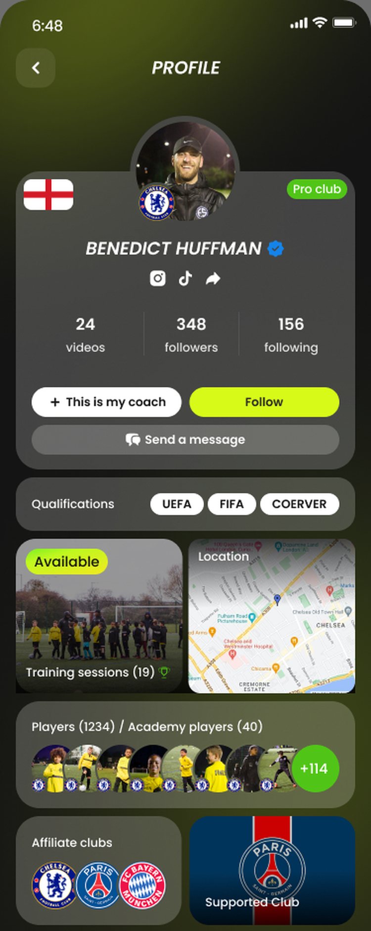 Tekkers app: Book a coach screen